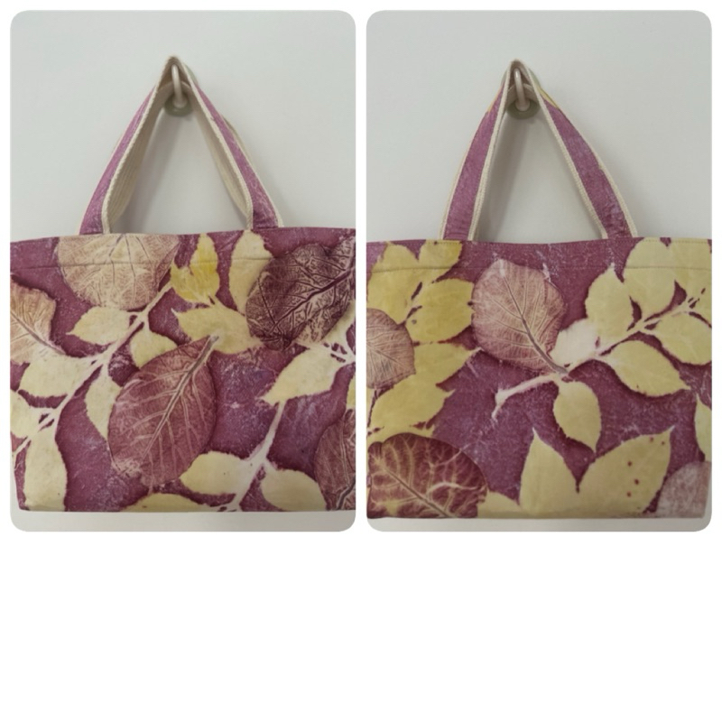 กระเป๋าผ้า ecoprint  กระเป๋าจากธรรมชาติ  ของฝากชาวต่างชาติ ของขวัญวันเกษียณลายกระเป๋าทำจากใบไม้ธรรมชาติงาน handmade 100%