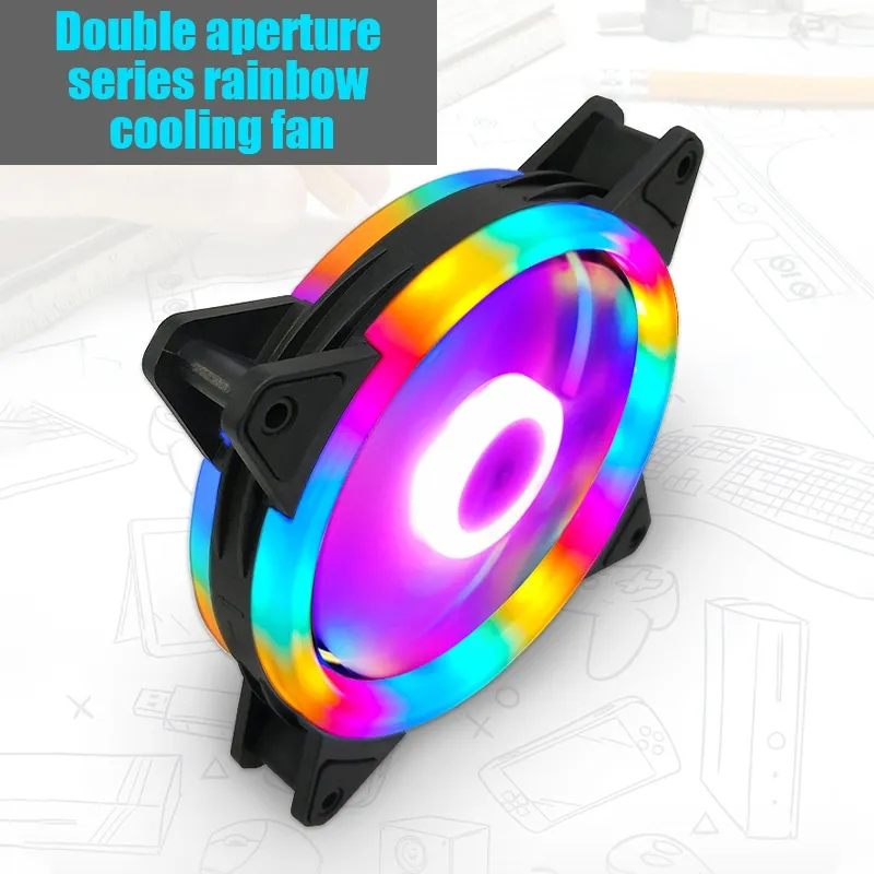 พัดลมคอม RGB 12V พัดลมระบายความร้อน 12cm Dual Ring RGB Cooling Fan พัดลมเคส พัดลมคอมพิวเตอร์ แสงสะท้อนสีสันสดใส