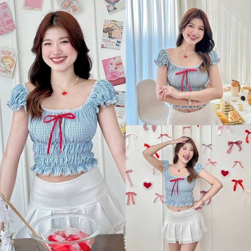KF Flower เสื้อลายทางแขนตุ๊กตา ผูกโบว์ 🎀💐
