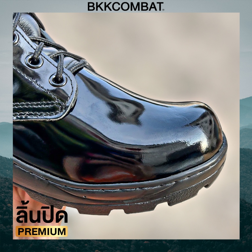 คอมแบท BKT1 (ลิ้นปิด) ไม่มีซิป พื้นรถถัง พรีเมี่ยม หนังขัดมัน หนังวัวแท้เงางาม หรูสุด!  พื้นรถถังเบาที่สุด (ทรงW)