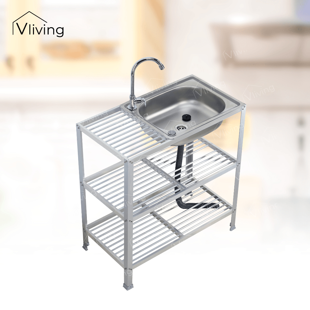 Vliving ซิ้งค์ล้างจาน อ่างล้างจาน สแตนเลส A 3ชั้น กลาง โครงอลูมิเนียม