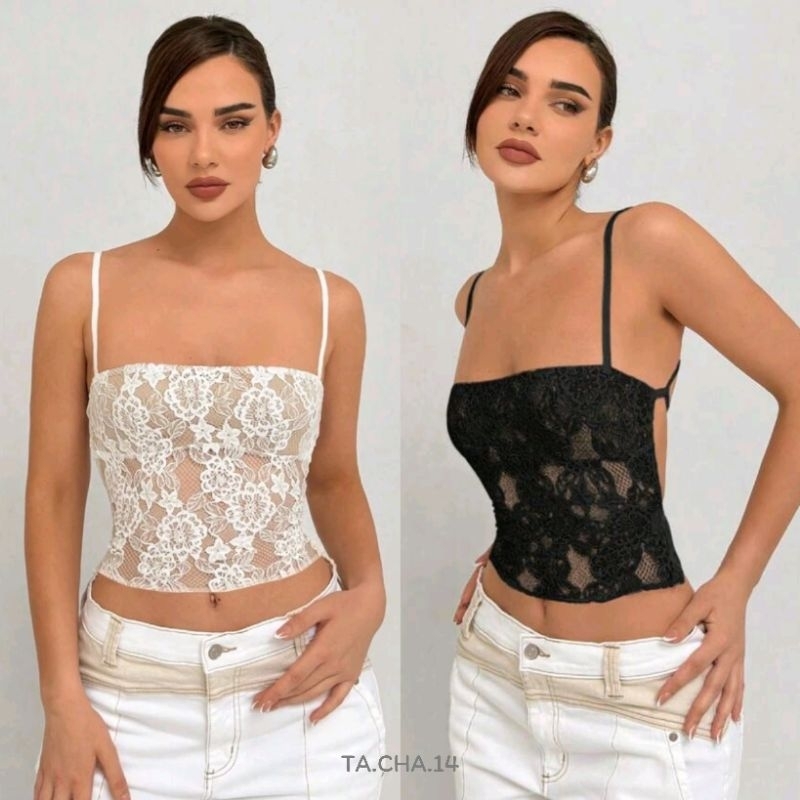 พร้อม​ส่ง​ 🍒🌈​ เสื้อสา​ยเดี่ยว​ ลูกไม้​ ซีทรู​ แต่งสายไขว้ด้านหลัง​ โชว์​หลัง​ สีขาว​ สีดำ​