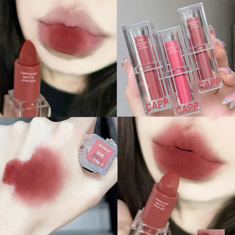 NO.CP105  Cappuvini ลิปสติก เนื้อแมตต์ กํามะหยี่ หลอดใส 6 สี อะคริลิคใส กันน้ํา กันเหงื่อ ติดทนนาน ราคา ถูกที่สุด ดีลบีเคเค แกลเลอรีภาพที่ 6