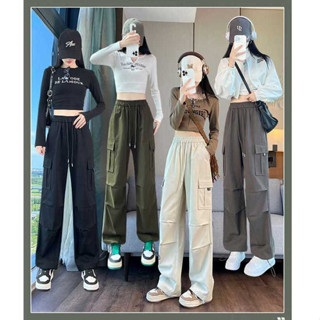 ชุดเอี๊ยมกระเป๋าหลายกระเป๋าอเมริกัน กางเกงขากว้าง เอวยางยืด …