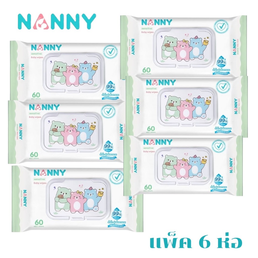 แพ็ค 6 ห่อ NANNY แนนนี่ ทิชชู่เปียก เบบี้ไวพส์แนนนี่ 60 ชิ้น สูตรน้ำบริสุทธิ์ (สินค้าพร้อมส่ง) - รูปที่ 2