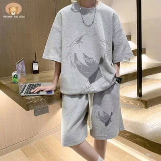 ชุดสูทผู้ชายสไตล์ญี่ปุ่น ผ้าวาฟเฟิล แขนสั้น + กางเกงขาสั้น ชุดทูพีซแฟชั่น