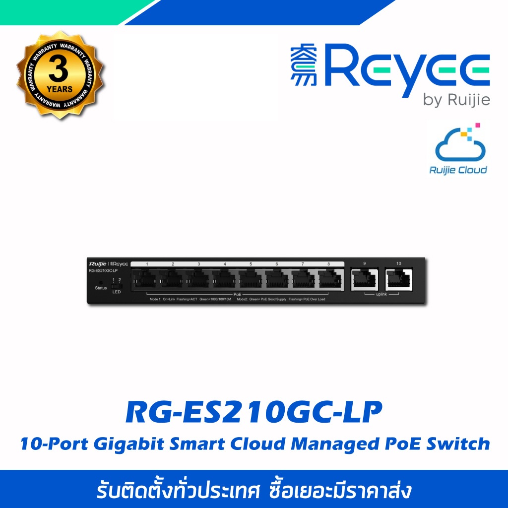 Reyee อุปกรณ์PoEสวิตซ์ รุ่นRG-ES210GC-LP ที่มีการจัดการขนาด 10 พอร์ต รองรับ Cloud Managed