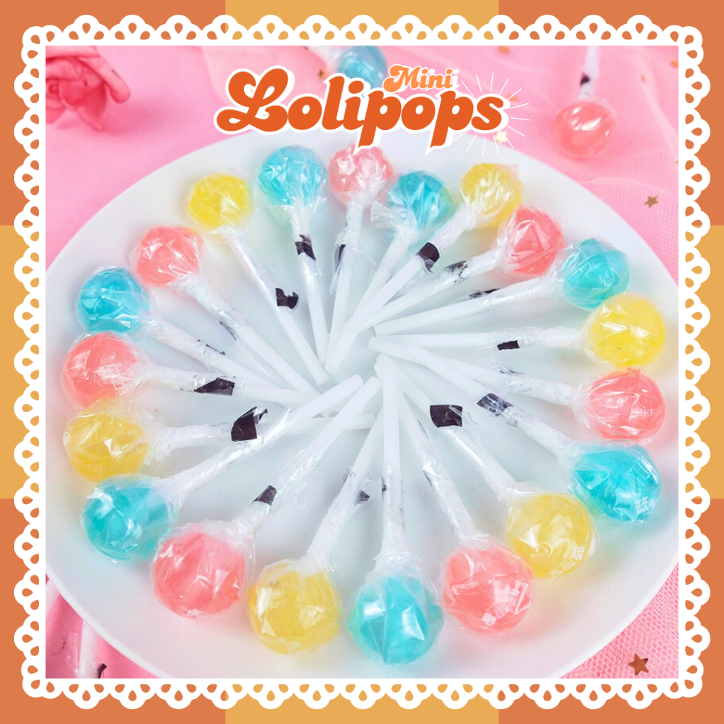 อมยิ้มมินิ Mini lollipop เม็ดละประมาณ3.5g มีรสพีช รสสไปร์ท และรสสาลี่ จำนวน 50-100 ชิ้น