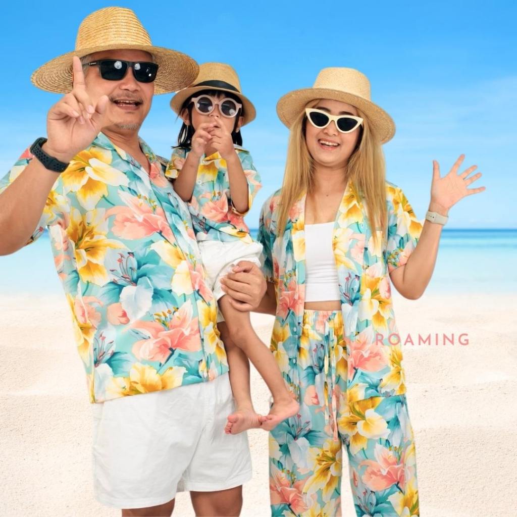 ROAMING HS04 เสื้อฮาวาย เสื้อครอบครัว ผ้าไหมอิตาลี ยับยาก ไม่ต้องรีด Italian Silk Hawaiian Shirts (ลายดอกไม้มิ้น F03)