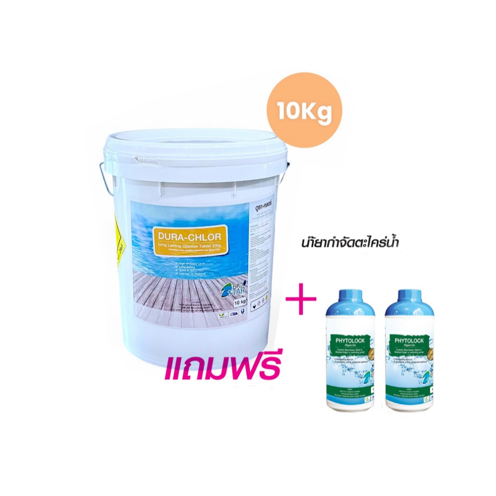 คลอรีนก้อน200กรัมสระว่ายน้ำ 10 กก. Pro แถม น้ำยากำจัดตะไคร์ 1 ลิตร 2 ขวด