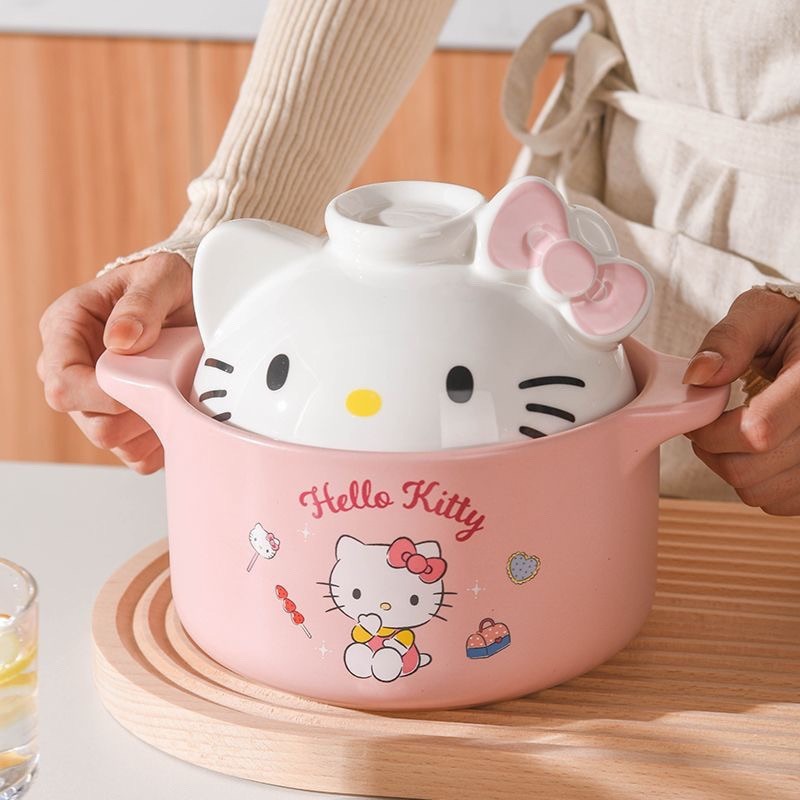 Hello Kitty Sanrio บ้านเซรามิคทนอุณหภูมิสูงเตาแก๊สหม้อตุ๋นน่ารักหม้อซุป