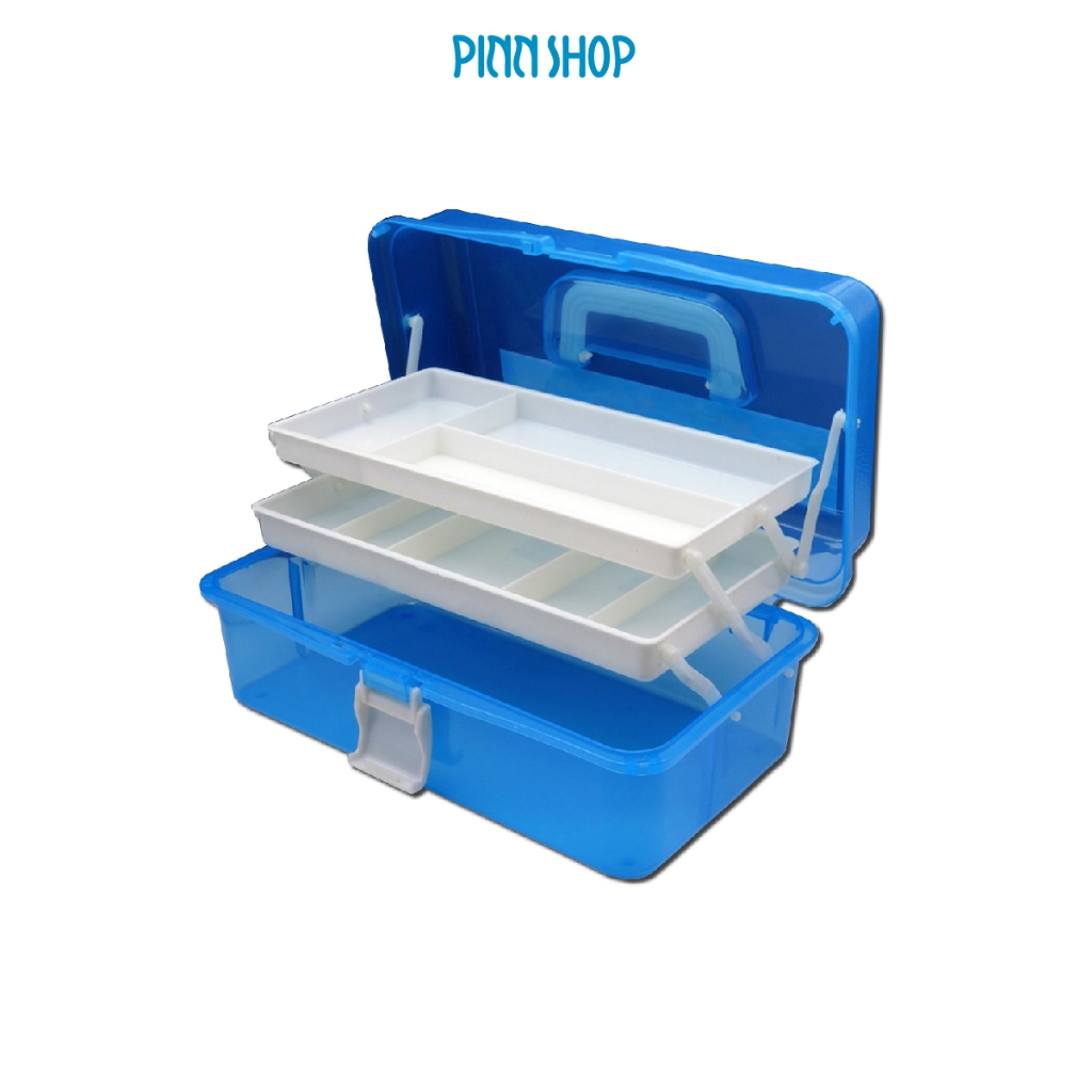 กล่องเก็บอุปกรณ์ กล่องเก็บของใส่อุปกรณ์ 3 ชั้น ขนาด 32 x 17 ซม. สูง 14 ซม. มีตัวล็อกปิดกล่องแข็งแรง สีฟ้า