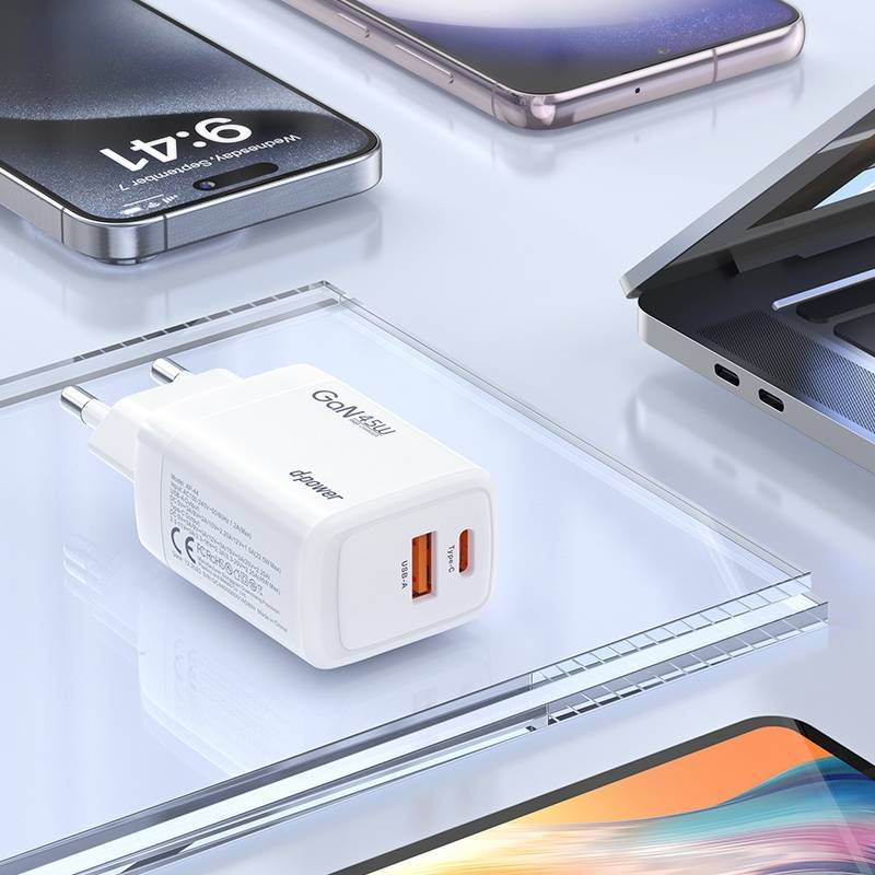 d-power Adapter GaN45W Fast Charger รุ่น AP-44  หัวชาร์จเร็ว PD 45W 2 พอร์ต Type C/USB-A