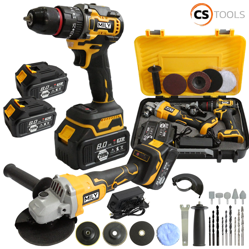 (แพ็คคู่) MILYสว่านไร้สาย 3 ระบบ 299V มอเตอร์บัสเลส +เครื่องเจียร์ไร้สาย แบตเตอรี่ ใหญ่ Li-ion อย่างดี 2 ก้อน หินเจียร์