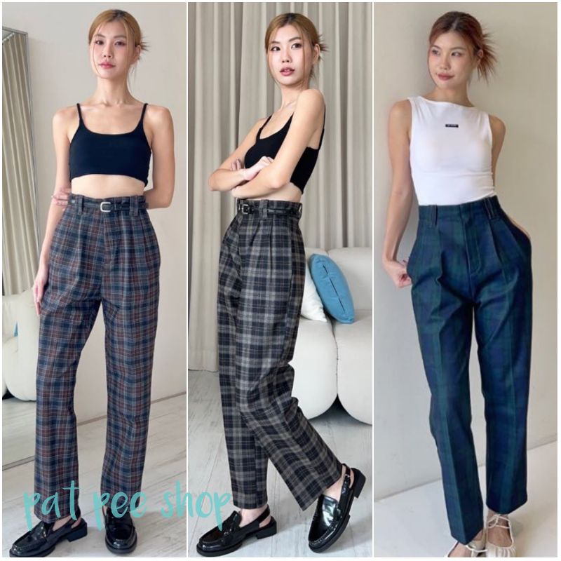 Plaid🏁กางเกงเอวสูงทรง9ส่วน ขากระบอกเล็ก ผ้าสก๊อตญีปุ่น แต่งหูเข็มขัด ซิปและตะขอหน้าพร้อมกระเป๋าข้าง มี3สี/4ไซส์