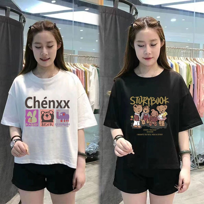 เสื้อครอปคนอ้วนไซส์ใหญ่ Oversize เสื้อผ้าสาวอวบน่ารักๆ เสื้อยืดแฟชั่นผู้หญิงแบบหลวมสไตล์เกาหลี ลายการ์ตูน กําลังฮิตใหม่