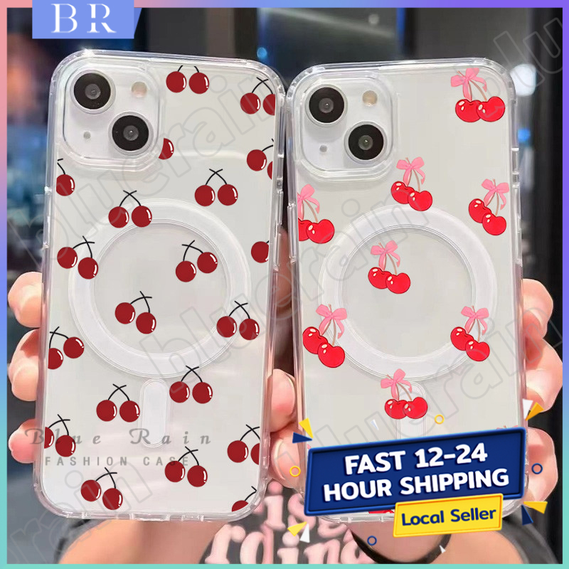 🔥เคสมือถือ🔥 แม่เหล็ก โปร่งใส เคสใส สำหรับไอโฟน ผลไม้สีแดงเข้ม 11 For iPhone 16 13 14 PRO MAX X XS XR 7P 8Plus 15 PRO MAX