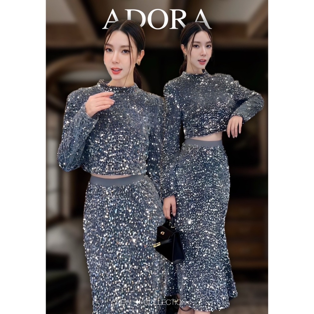 ADORA BRAND ADR005 ชุดเซตสีเทา เสื้อครอปแขนยาวดีไซน์คอปีน มาพร้อม กระโปรงทรงหางปลา