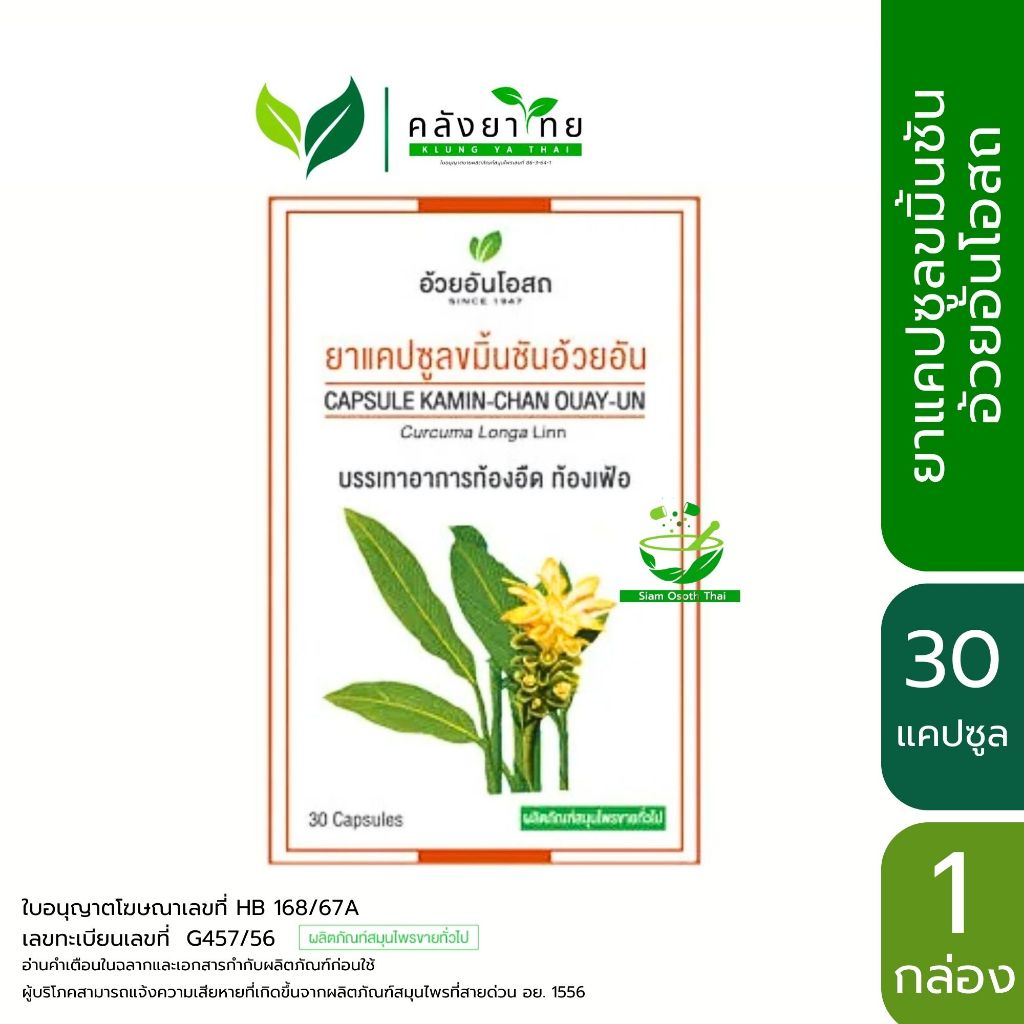 ขมิ้นชัน อ้วยอัน 30 แคปซูล/กล่อง อ้วยอันโอสถ Herbal One  (ยาสามัญประจำบ้าน)