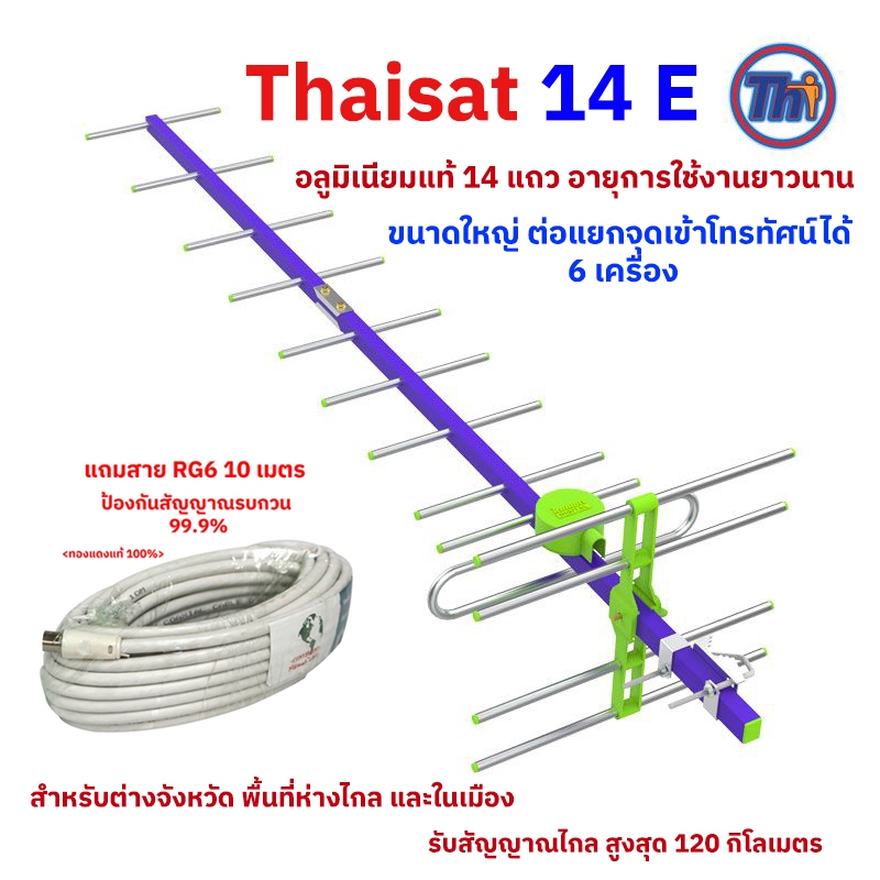 เสาอากาศภายนอกขนาดใหญ่ ไทยแซท Thaisat รับสัญญาณไกล 120 ก.ม. สำหรับต่างจังหวัดและพื้นที่ห่างไกล รุ่น14E ต่อได้ 6 เครื่อง