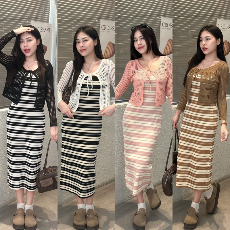 SpinnyHouse ชุดเซ็ต2ชิ้น เดรสสายเดี่ยวทรงถ่วงยาว+เสื้อคลุมตาข่าย ผูกเชือกอก ผ้าไหมพรมยืดนิ่ม ยืดเยอะ รุ่น น้ำดื่ม