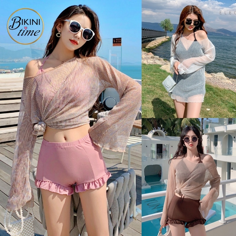 🏖BikiniTime มี 10 สี SB112 ชุดว่ายน้ำบิกินี ฟรีไซส์ ผ้าบาง เซ็ท3ชิ้น พร้อมเสื้อคลุมแขนยาวซีทรู บรามีฟองน้ำเสริม