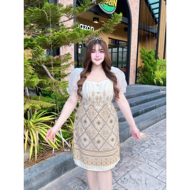 เดรสผ้าลายไทยประยุกต์ผ้าลายไทยสาวอวบใส่ออกงานพิธีการงานบุญงานบวชงานแต่ง - รูปที่ 5