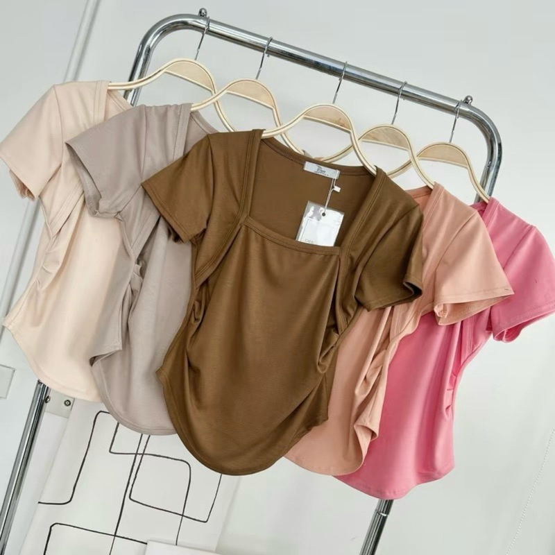 117-118 เสื้อยืดแขนสั้น ชายโค้ง กุ้นคอเหลี่ยม ผ้าSlippy