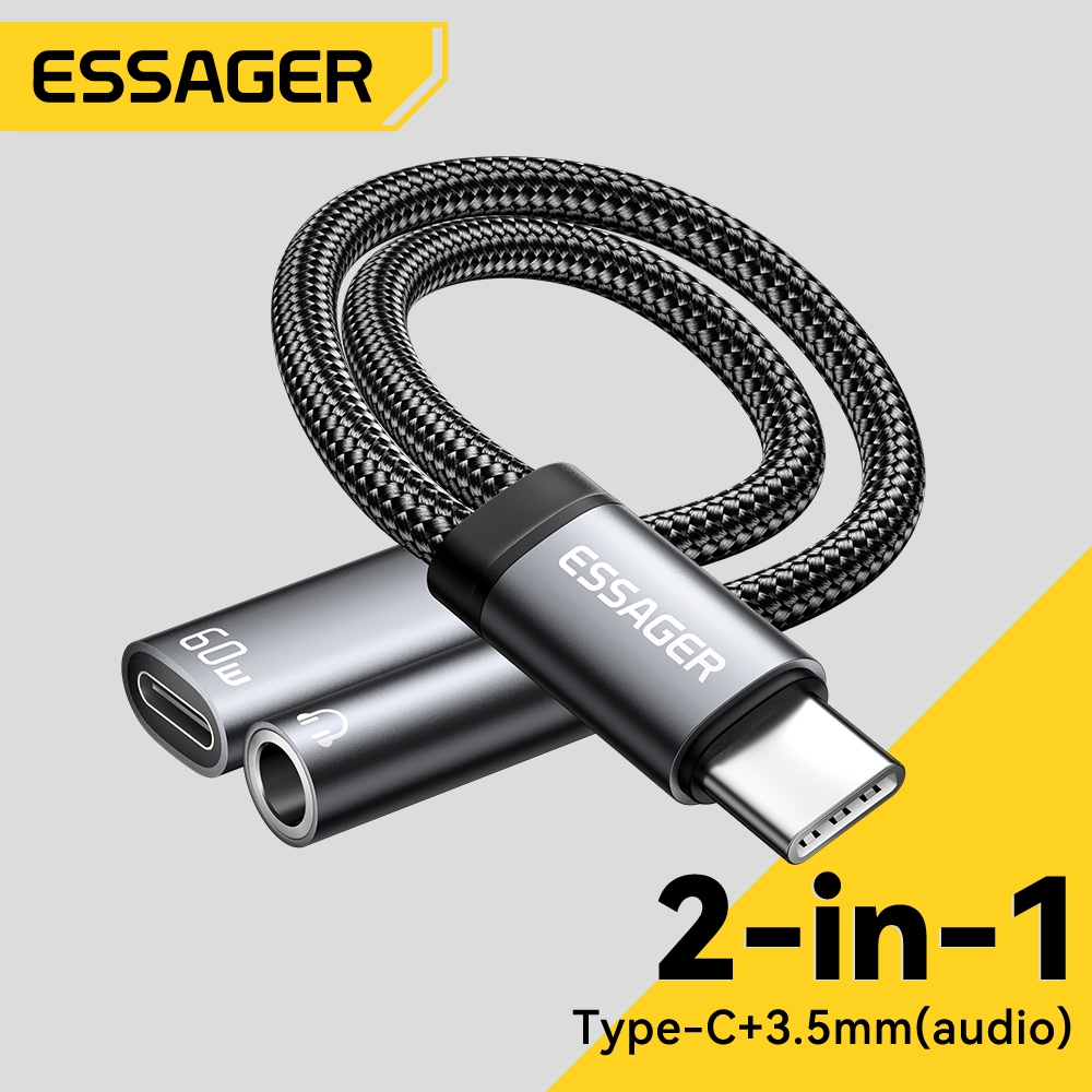 Essager Type C To Type C To 3.5MM Audio Cable Rechargeable 60W Type C Adapter for mobile phone earph