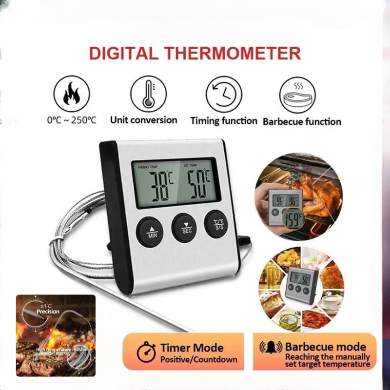 เครื่องวัดอุณหภูมิดิจิตอลTP700 จอแสดงผล LCD สําหรับย่างเตาอบอาหารเนื้อสัตว์ มีนาฬิกาปลุกจับเวลาเครื่องมือวัด