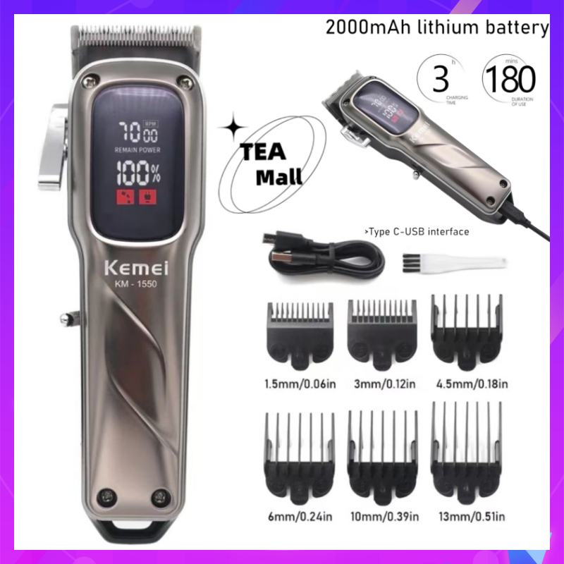 Kemei km1550 ปัตตาเลี่ยนมืออาชีพผมไร้สายสําหรับผู้ชาย - เครื่องตัดเสียงรบกวนต่ําพร้อมจอแสดงผล LED