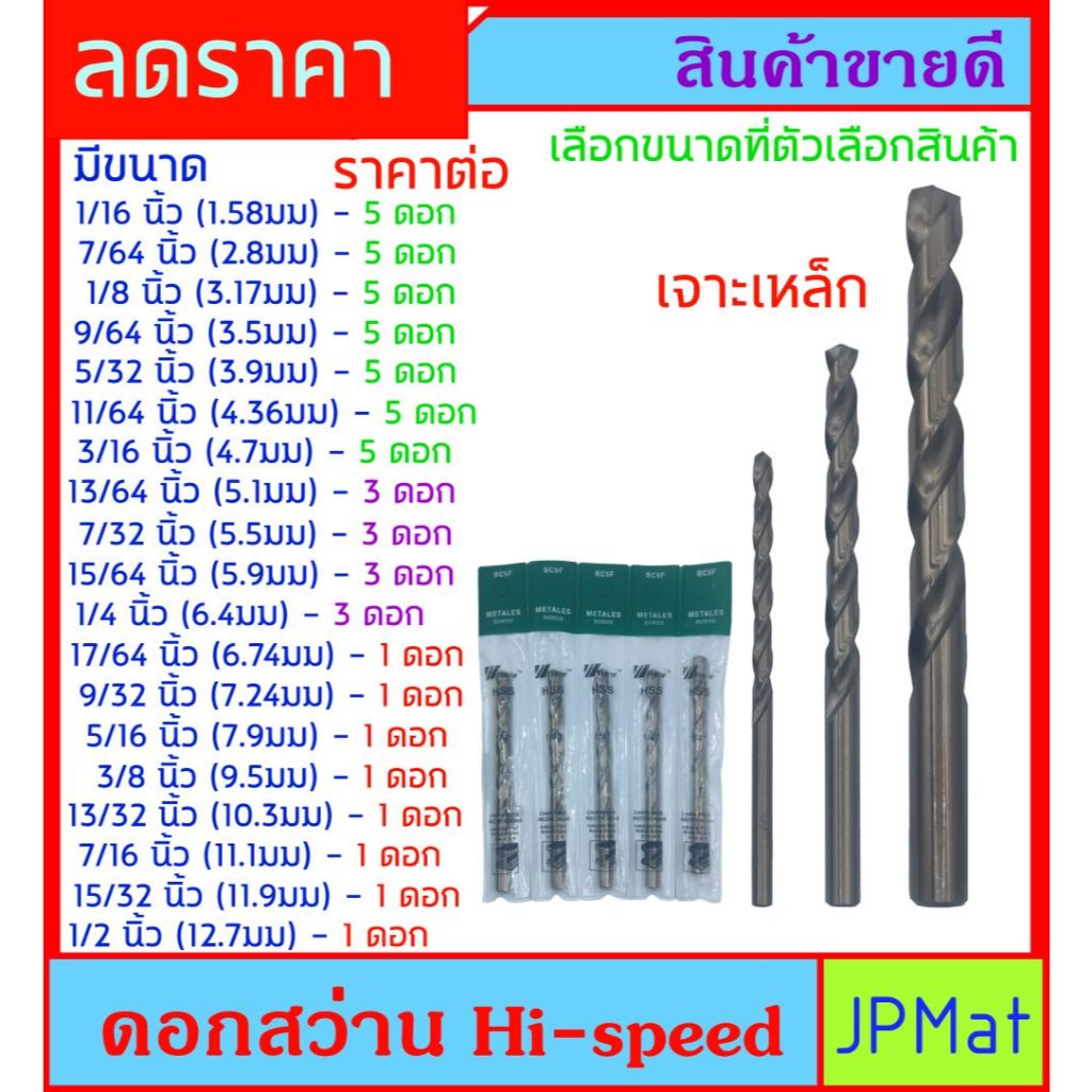 ดอกสว่าน เจาะเหล็ก แพ็คซอง ดอกคม เจาะไว มีหลายขนาดให้เลือก ขนาดเล็กได้ 5 ดอก ขนาดกลางได้ 3 ดอก ขนาดใหญ่ได้ 1 ดอก