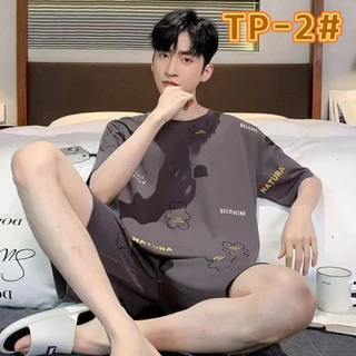 ใหม่/#TP-พร้อมส่ง ชุดนอนผู้ชาย ผ้ายืด ผ้านิ่ม เเขนสั้น+ขาสั้น พิมลาย