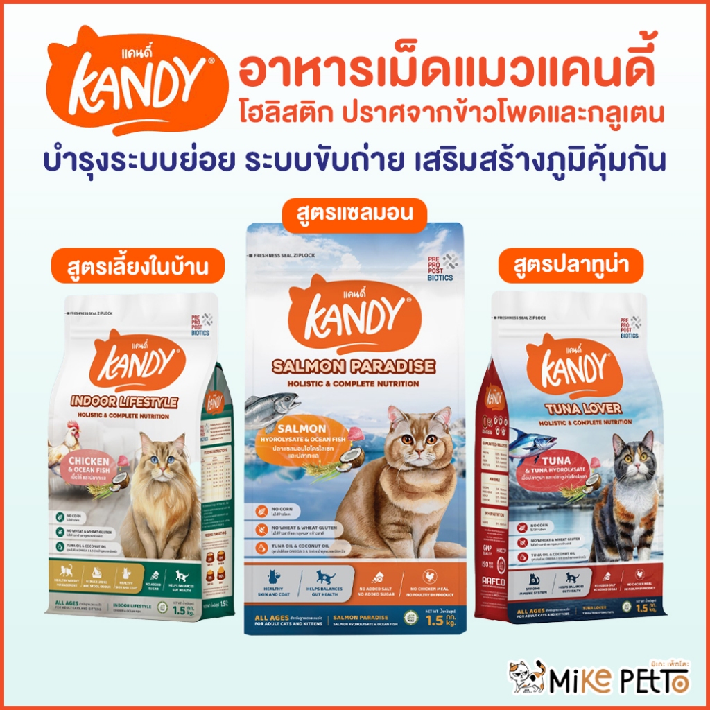 Kandy แคนดี้ อาหารแมวโฮลิสติก สำหรับแมวทุกช่วงวัย ไม่มีผลพลอยได้จากสัตว์ปีก ไม่เติมเกลือ เสริมภูมิคุ้มกัน ขนาด 1.5 Kg