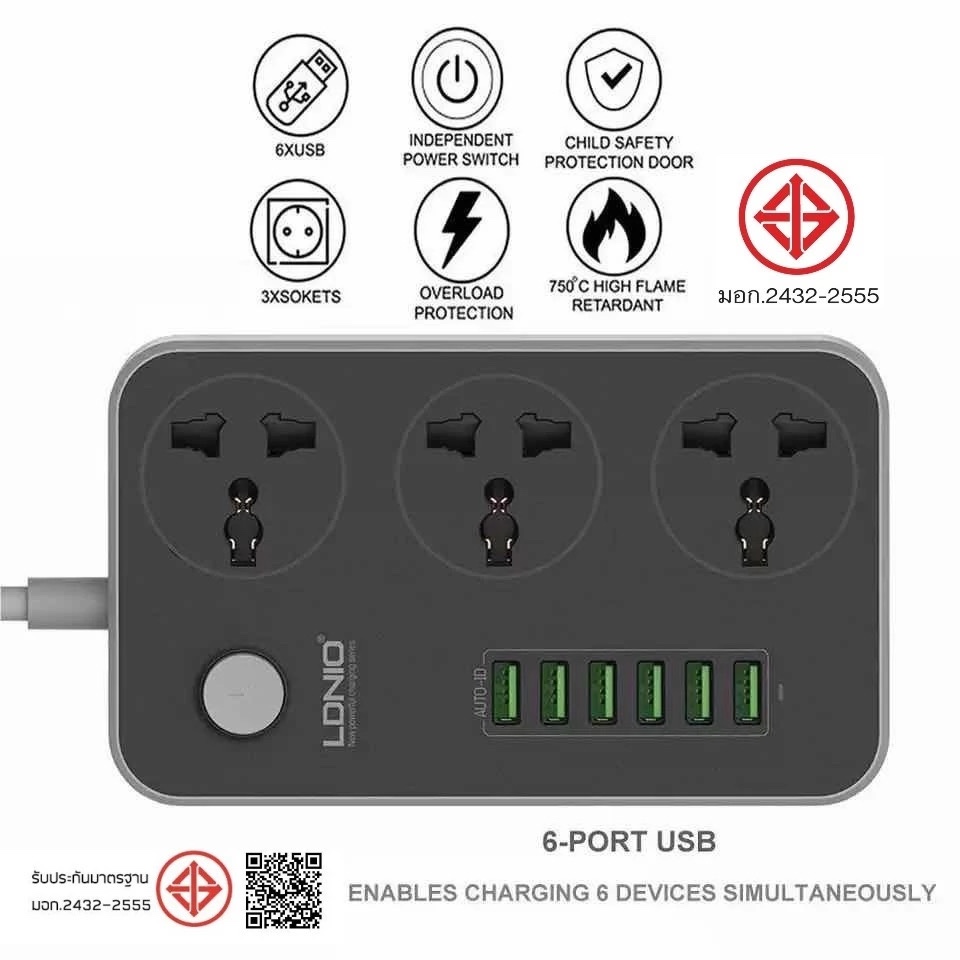 LDNIO SC3604 Power Strip with 3 AC Sockets + 6 USB Ports - Black / EU Plug