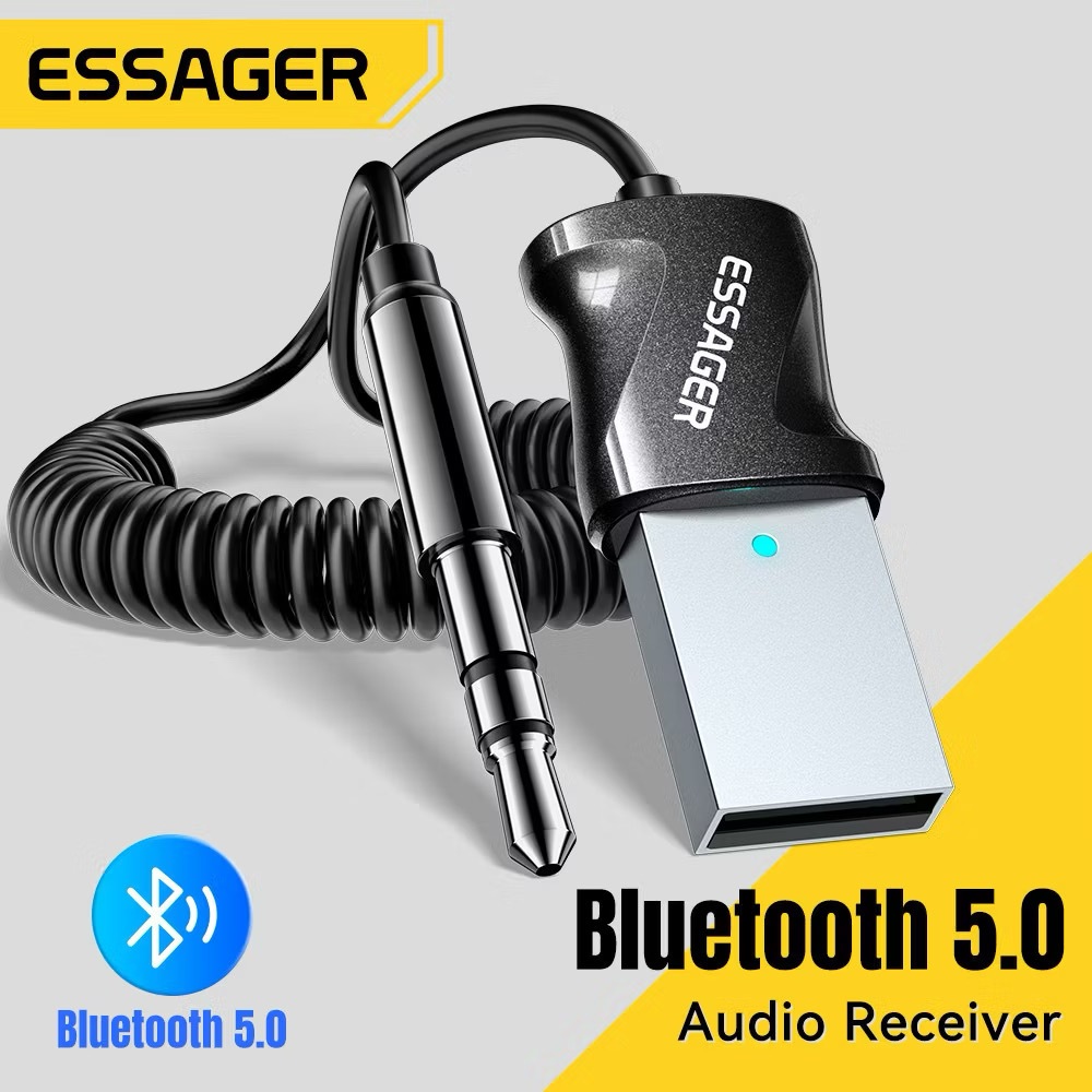 Essager อะแดปเตอร์รับสัญญาณบลูทูธ 5.0 พร้อมสายสปริง 3.5 มม. อะแดปเตอร์บลูทูธ USB สำหรับลำโพงรถยนต์
