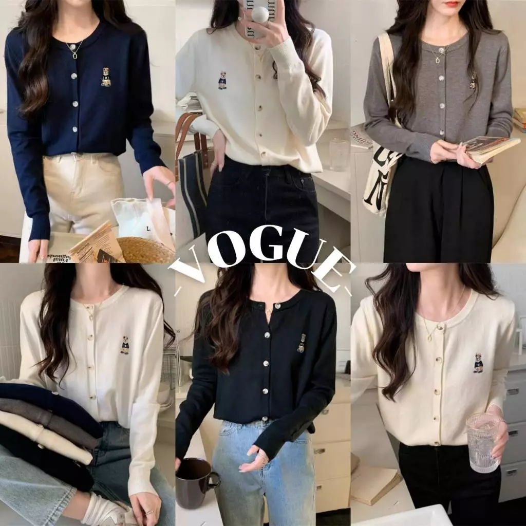 Vogue🌟พร้อมส่ง🌟 เสื้อคลุมไหมพรมแขนยาว คอกลม ปักลายหมี ใส่สบาย (Y-2812)