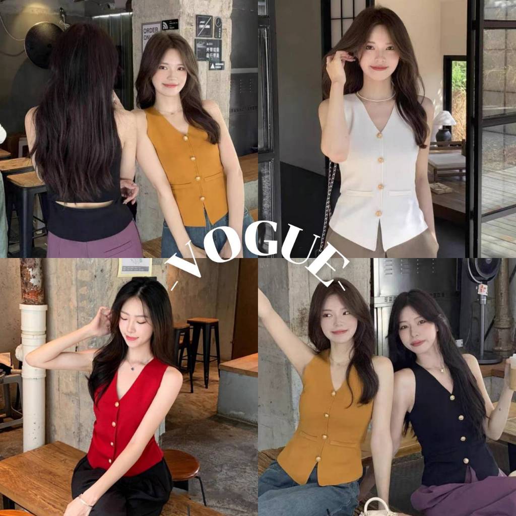 Vogue🌟พร้อมส่ง🌟 เสื้อกบ้ามไหมพรม คอวี กระดุมด้านหน้า ดีเทลเว้าหลังเอว (20252)