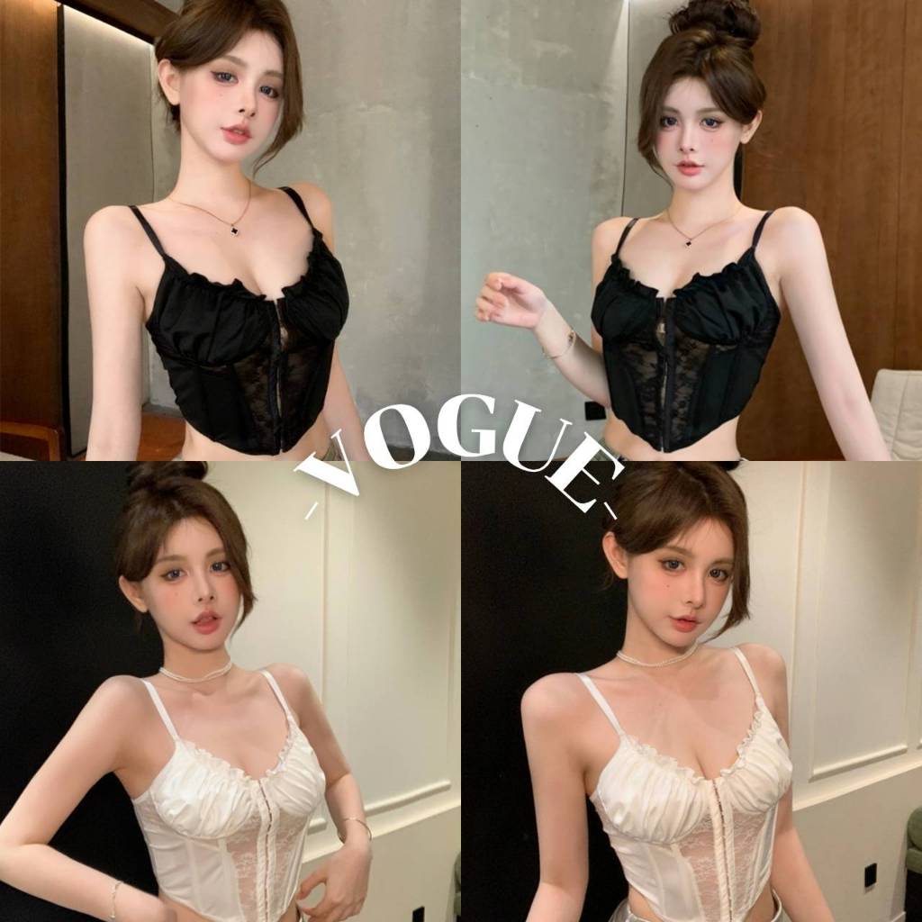 Vogue🌟พร้อมส่ง🌟 เสื้อสายเดี่ยว มีฟองน้ำบางๆ ดีเทลลูกไม้ ทรงรัดเอว (FY2226-J)