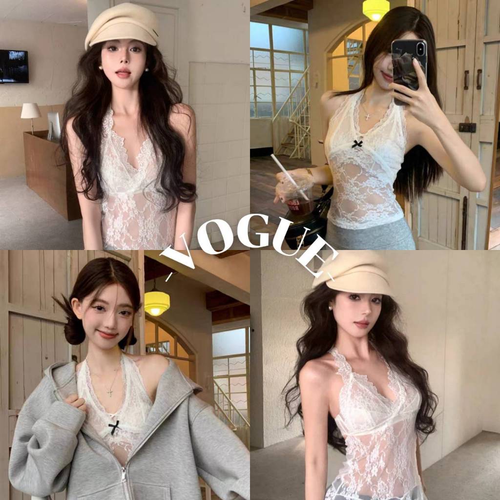 Vogue🌟พร้อมส่ง🌟 เสื้อคล้องคอลูกไม้ สีขาว ใส่สบายเซ็กซี่เบาๆ (M0559/M0771)