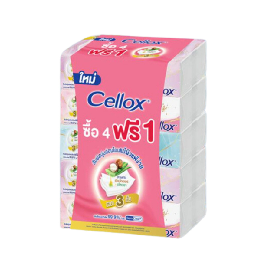 Cellox facial premium 3 layers soft pack 70แผ่น แพ็ค4ฟรี1 เซลล็อกซ์ กระดาษทิชชู่เช็ดหน้า