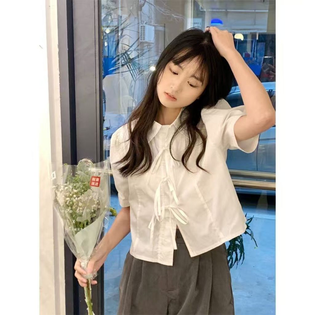 🎀Mona🎀สีทึบ เวอร์ชั่นเกาหลี แขนสั้น เสื้อเชิ้ต