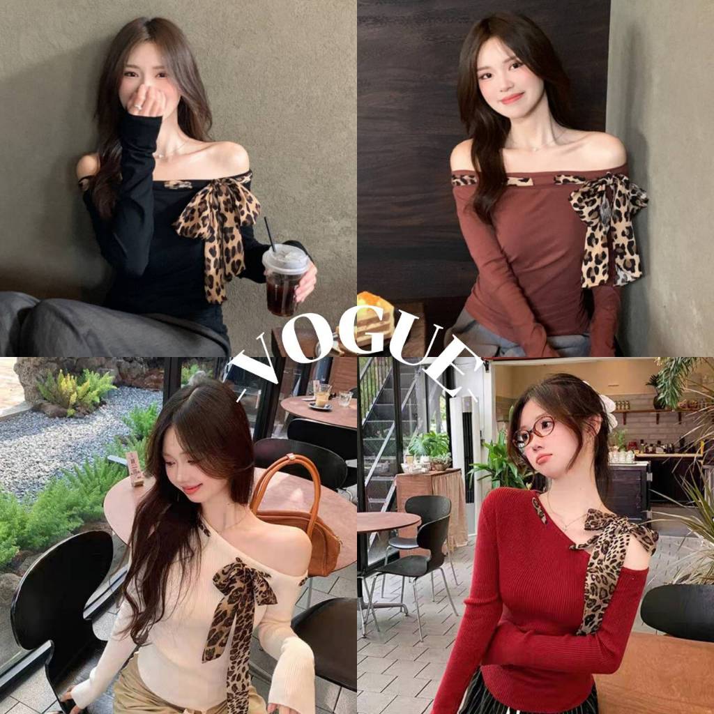 Vogue🌟พร้อมส่ง🌟 เสื้อไหมพรมเปิดไหล่ แขนยาว แต่งสายลายเสื้อ ยืดตามตัว (Z-U002)