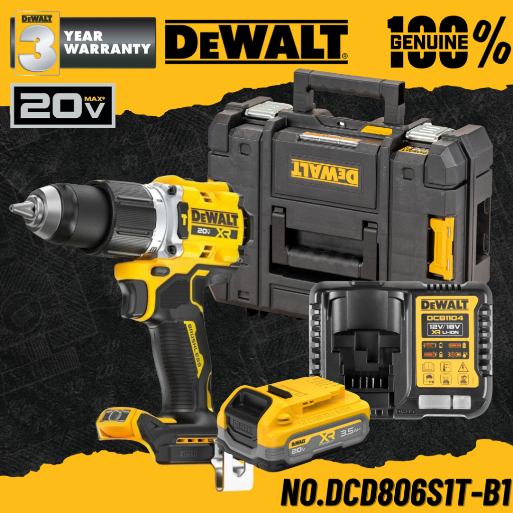 DEWALT สว่านกระแทก BL motor 20V MAX พร้อมแบตเตอรี่ Powerstack No.DCD806S1T-B1