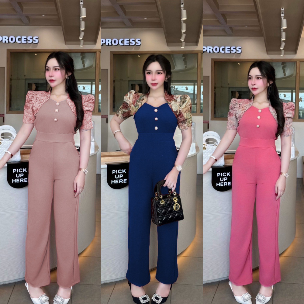 สินค้าพร้อส่ง ชุดเซตผ้าวูลเวฟ เสื้อคอระหงส์แขนแต่งผ้าทอแต่งย่นแต่งกระดุมมุก+กางเกง