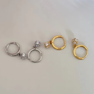 Suwann.na [ราคาต่อคู่] ต่างหูห่วง ต่างหูเงินแท้ ห่วงตุ้มเพชร สีเงิน, ทอง