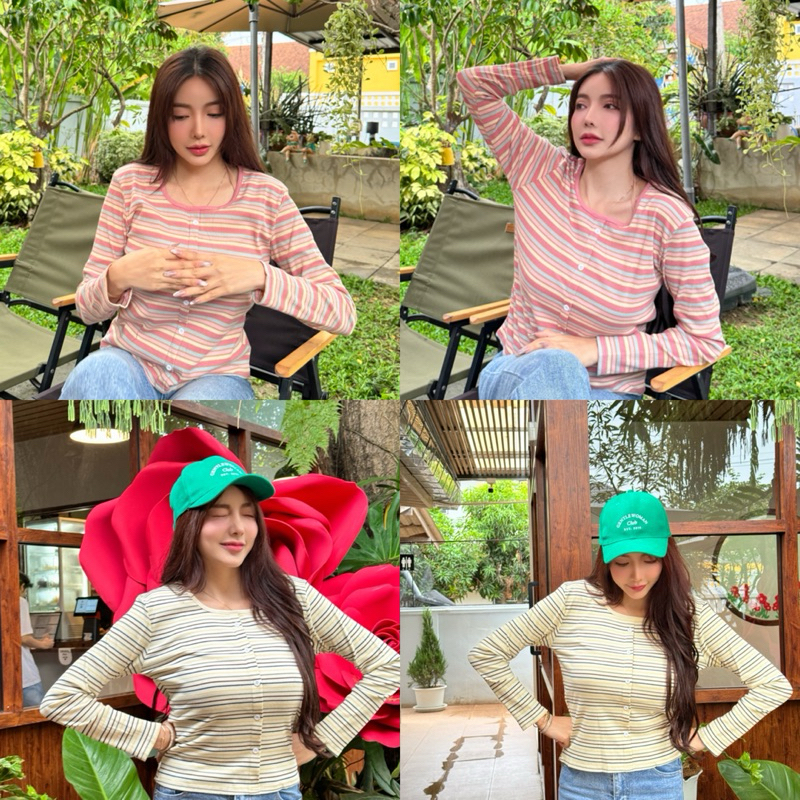 เสื้อยืดแขนยาวลายริ้วติดกระดุม