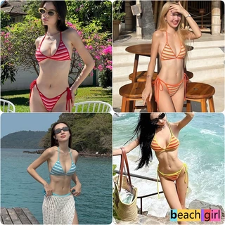 🏖beachgirl🏖bikini two piece ชุดว่ายน้ํา บิกินี่ลายทาง ผูกคอ ผูก รุ่นใหม่ โชว์หลัง ชุดไปทะเล ส่งไวจากไทย swim