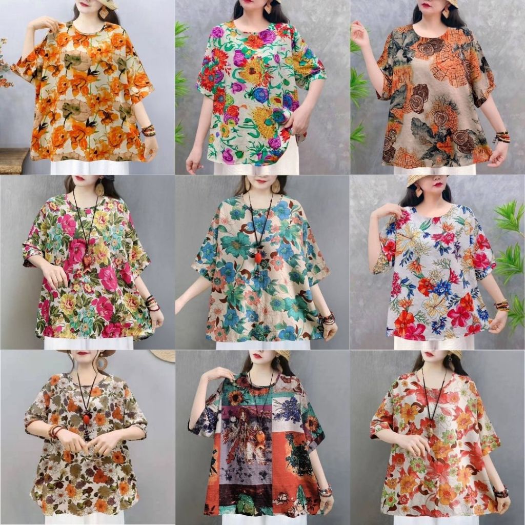เสื้อแขนสั้นผู้หญิง พิมลายดอกสวยๆ เสื้อใส่สงกรานต์ {อก 50 นิ้ว} ผ้าฝ้ายไม่ยืดบางเบา พร้อมส่ง C1