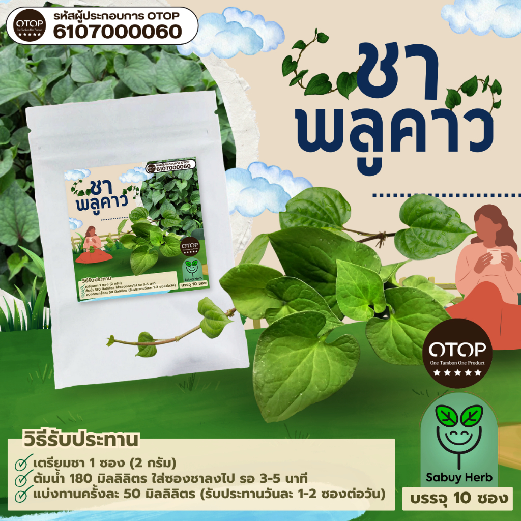 ออกใบกำกับภาษีได้ ชาใบพลูคาว แบบซองแช่ ไม่มีน้ำตาล (สินค้าOTOP) (1 ห่อ 10 ซองชา)